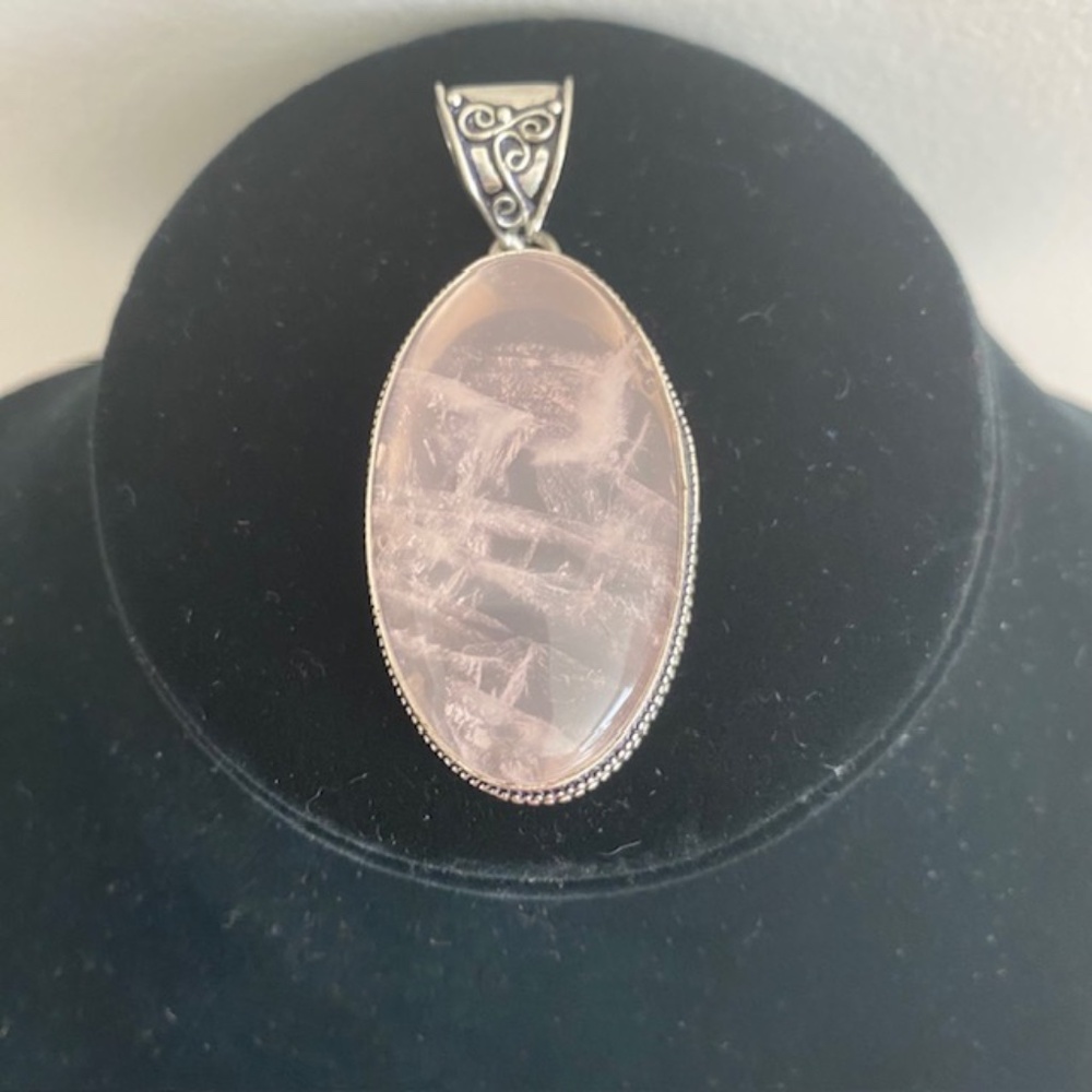 Hand Crafted Large Oval Rose Quartz Cabochon Bezel Set 925 Silver Pendant